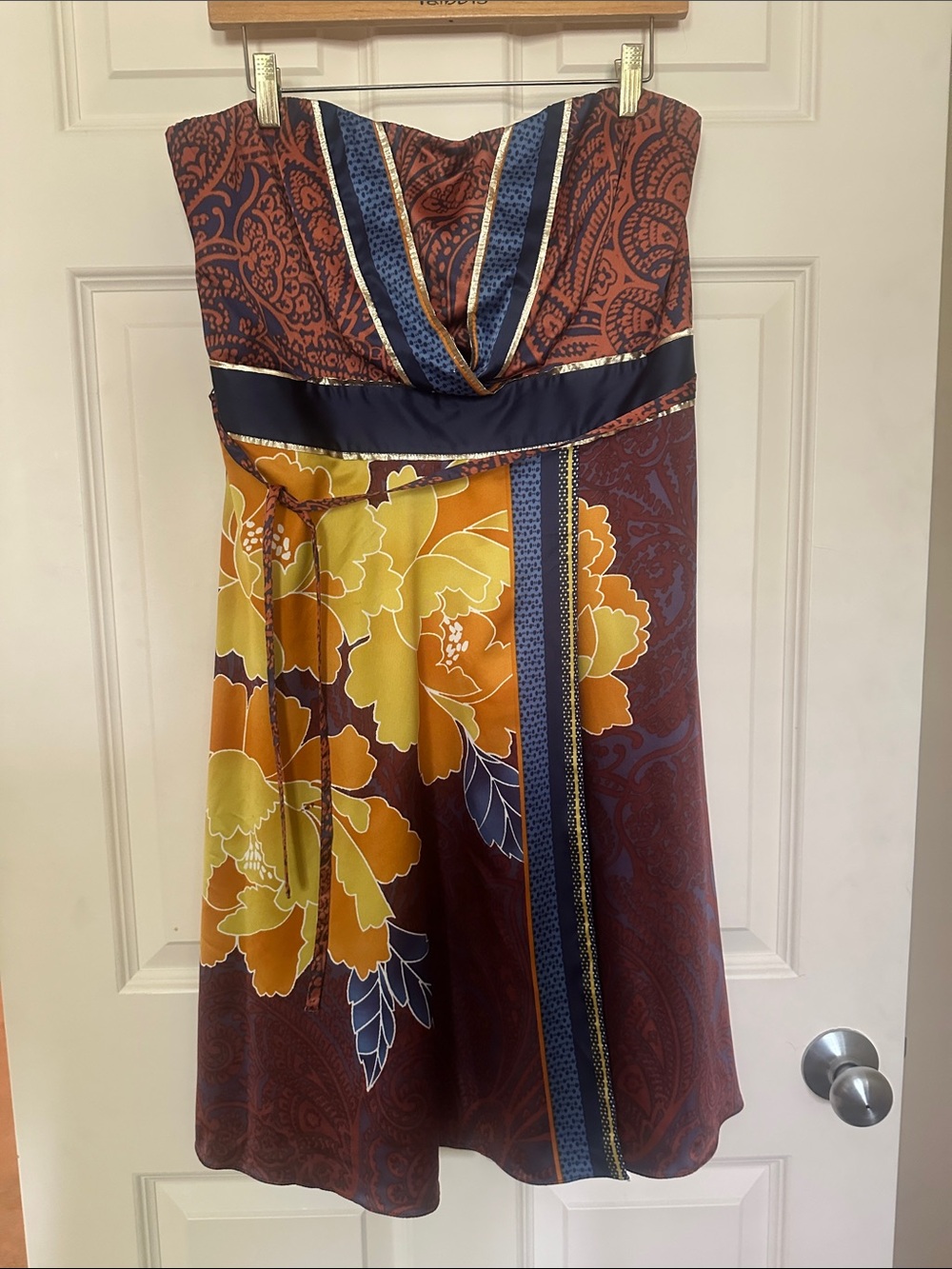 The Limited Strapless Floral Midi Dress in Brown, Yellow and Navy - Picture 1 of 4